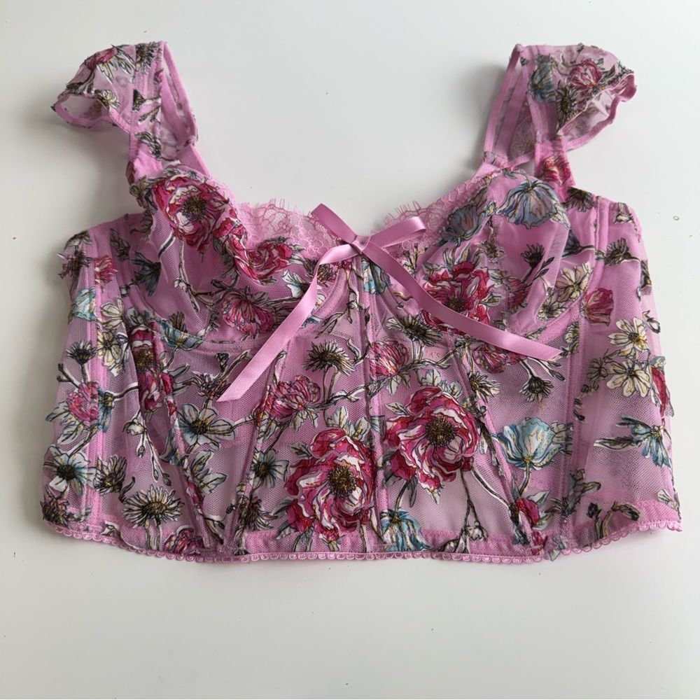 Victoria’s Secret Embroidery Cap-Sleeve Corset Top Lilac Chiffon Floral Large - Picture 2 of 12